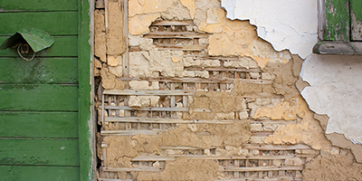 A Crumbling Plaster Wall With Exposed Lath.