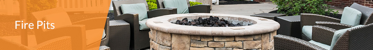 The header "landscaping" over the photo of a DIY outdoor fire pit on grey brick patio with wicker furniture around it and pool in backyard.
