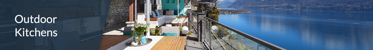 The header "landscaping" over the photo of a perfect DIY backyard with outdoor fireplace and tables, chairs, white accents, umbrella and view of the lake and mountains.