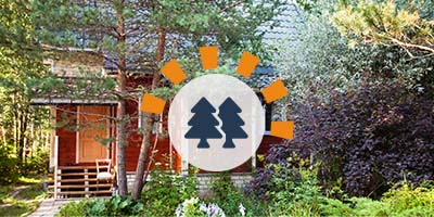 Residential property with red house and overgrown trees that need trimming and pruning in front yard.