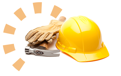 A hard hat, hammer and work gloves.