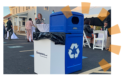 A Dumpsters.com trash can next to a recycling can for sorting.