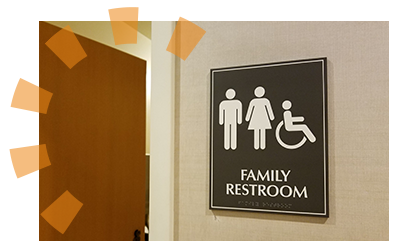 A sign outside a bathroom announcing it is a family restroom with handicap accessibility.