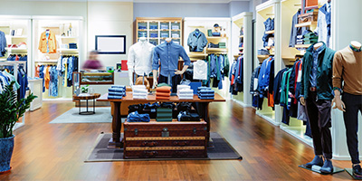 A well-stocked retail store filled with men's and women's clothing.