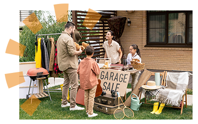 A family selling old items from their garage. 