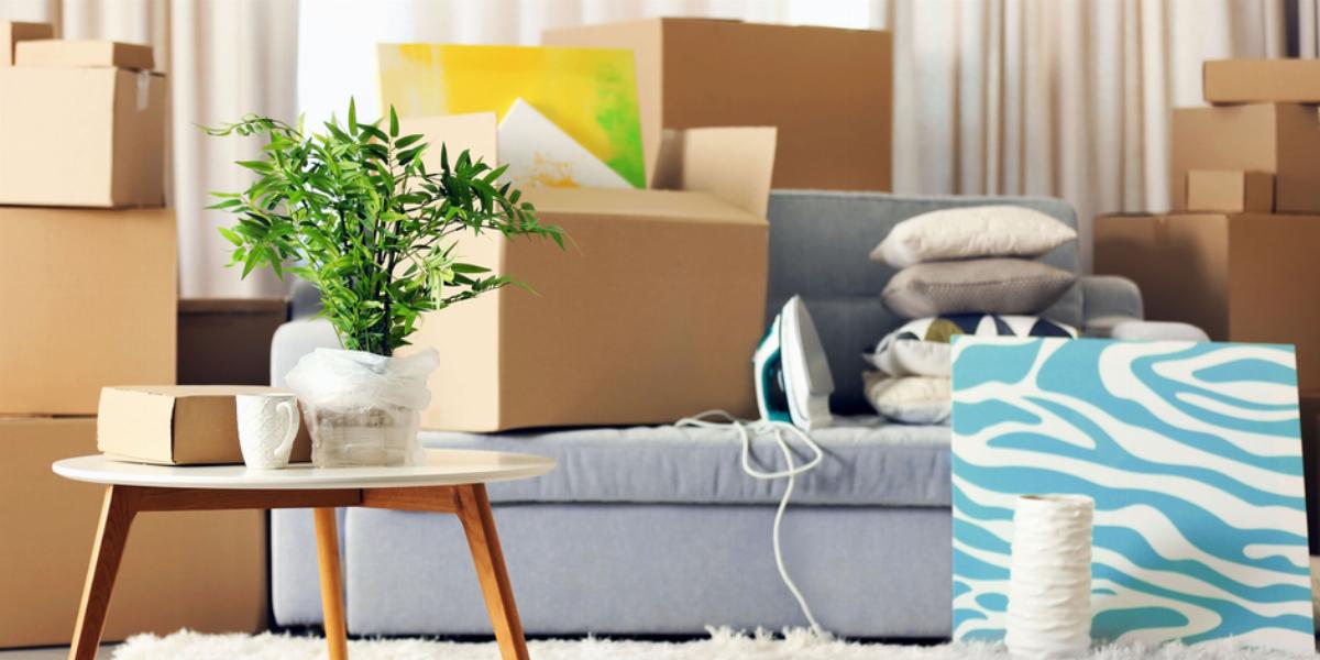 Living room full of moving boxes.