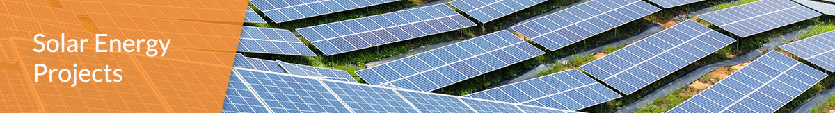 A capped landfill hillside covered in solar panels with a text overlay of "solar energy projects" on the banner image.