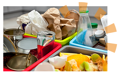 Metal, plastic, paper, and food debris sorted by type into four bins.