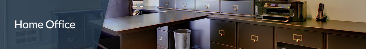 A home office with a corner desk.