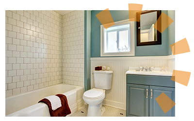A standard bathroom with blue walls and white tile.