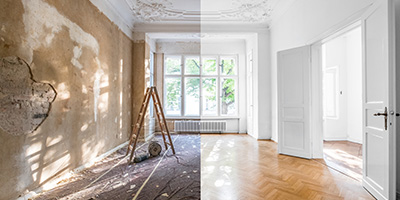 A side by side before and after of an old home restoration.