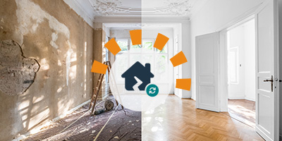 A side by side before and after of an old home restoration.