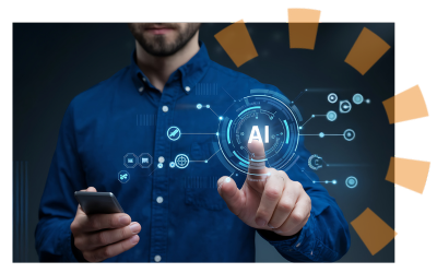 Person holding a smartphone while pressing a floating button labeled AI.