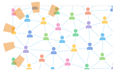 Image of multi-colored cartoon persons connected by lines in a vector.