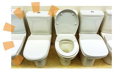 A row of toilets for donation.