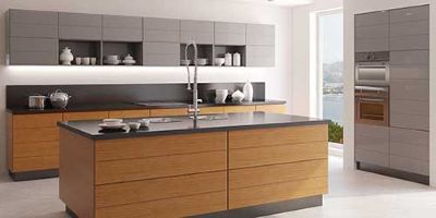 A modern kitchen with a large kitchen island