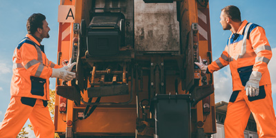 Two garbagemen in orange uniforms loading a garbage truck.