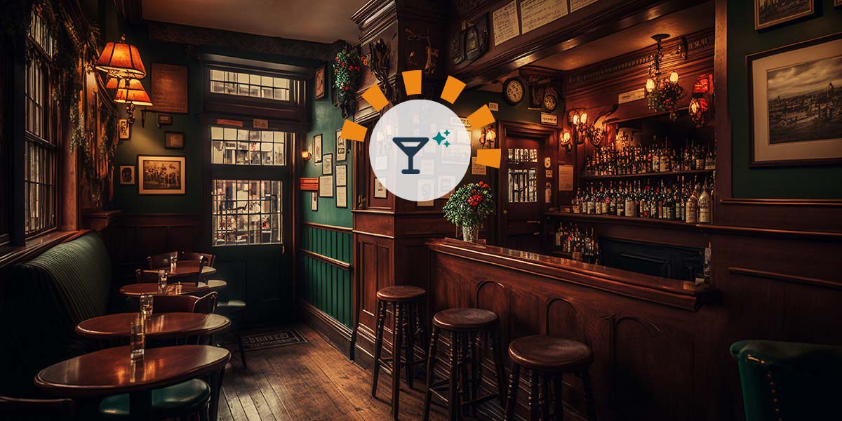 A dark, wood-paneled bar with tables and bar seating available.