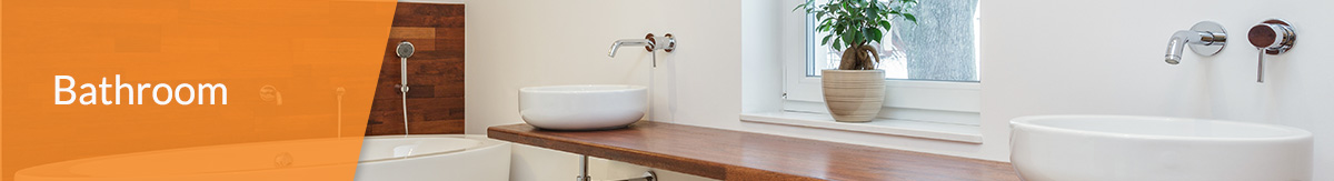 Upgraded modern bathroom with giant white tub and floating wood sink with ceramic white sink bowls and wicker laundry basket.