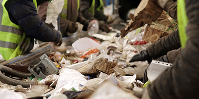 Workers sorting through trash on a conveyor belt. 