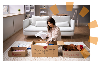 Brunette woman sorting through sentimental items to declutter her home. 