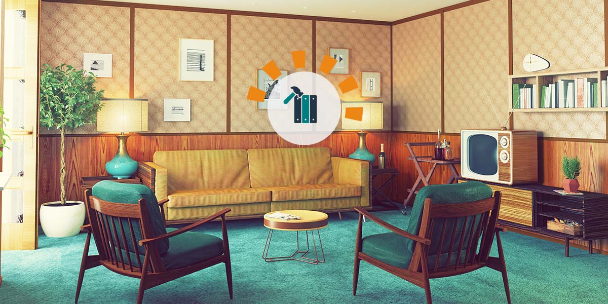 Retro home interior with wood panel walls, bright green carpet and midcentury modern furniture.