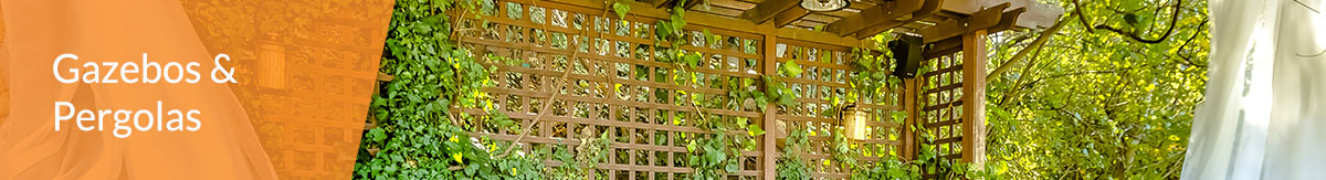 The header "landscaping" over the photo of a wooden pergola in updated backyard creating shade over patio with table, chairs and white end curtains.