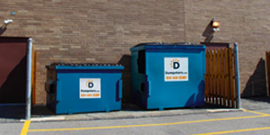 Blue Commercial Dumpsters with the Dumpsters.com Logo