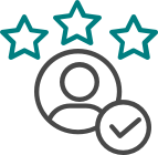 Icon with three teal stars, a face in a circle and a checkmark in a circle