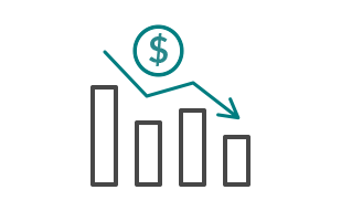Icon with bar graph, teal line and dollar sign in circle