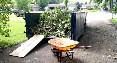 A Blue Roll Off Dumpster Filled With Yard Waste.