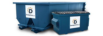 A Blue Front Load Dumpster Next to a Blue Roll Off Dumpster.