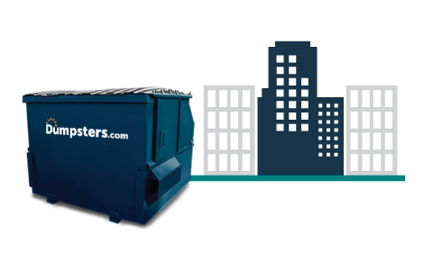 a blue front load bin and a graphic of a city skyline