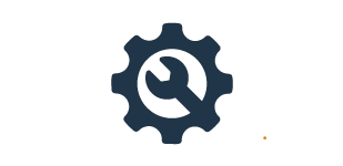 Dark blue, cartoon icon of a wrench inside of a gear.