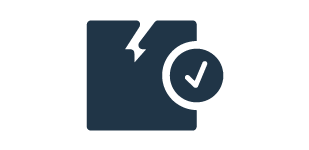 Dark blue, cartoon icon of a slightly torn piece of paper with a checkmark next to it.