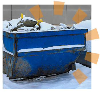 A blue roll off dumpster filled with trash and covered in snow.