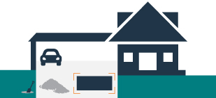 graphic of a house with an open garage and dumpster in driveway