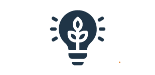Dark blue, cartoon icon of a lightbulb with a plant for the filament.