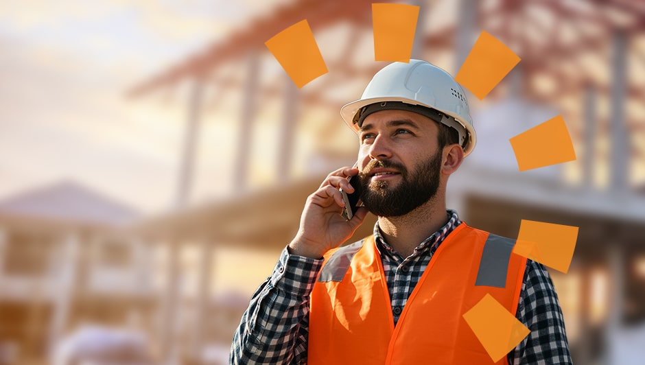 Construction worker in an orange vest and white helmet holding a cellphone to their ear on an active jobsite, with the Dumpsters.com orange radial arc overlaid.