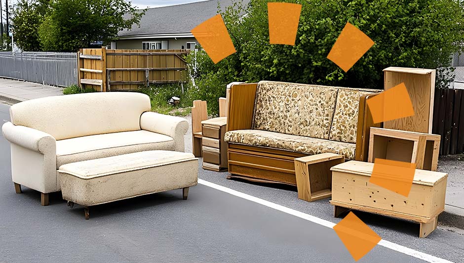 Two couches sitting on a driveway with other pieces of furniture