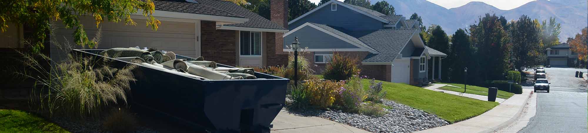 A Blue Roll Off Dumpster in Driveway with Mountains in the Background.