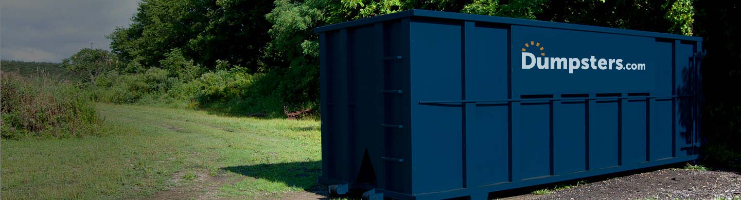 two blue front load bins outside of an industrial building