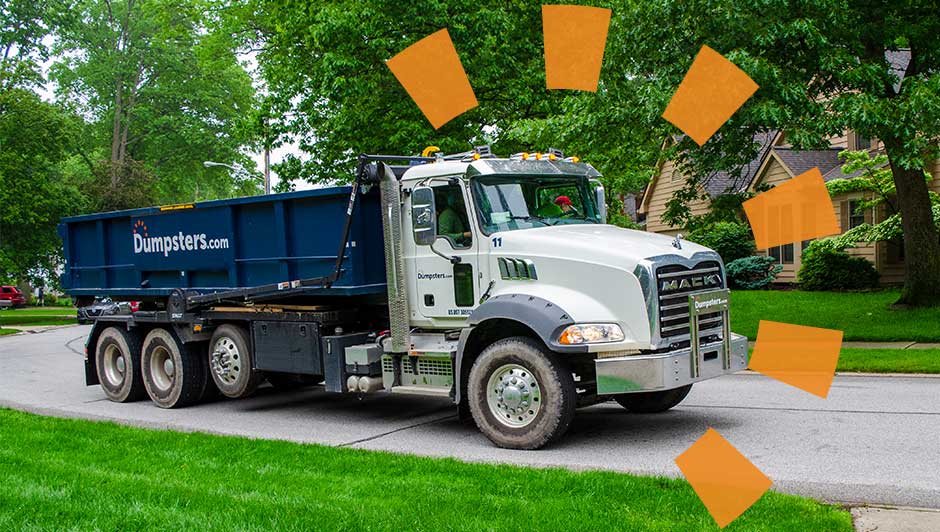 Dumpsters.com Roll Off Dumpster on Truck in Neighborhood