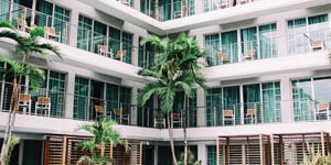 Apartments with Glass Doors and Palm Tree.