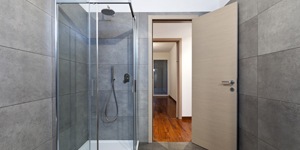 Inside Bathroom with Glass-Walled Shower.