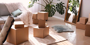 Moving boxes piled up in living room.