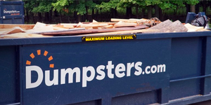 a dumpsters.com container filled with wood