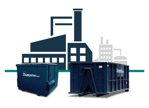 a blue front load dumpster and a graphic of an industrial building