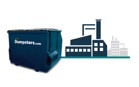 A Blue Front Load Dumpster and a Graphic of an Industrial Building.