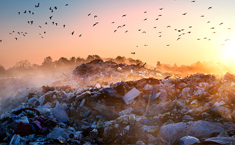 A landfill with birds flying over at sunset.